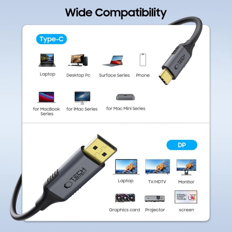 Tech-Protect UltraBoost USB-C uz DisplayPort 1.4 kabelis, 8K 60Hz, 180 cm, melns