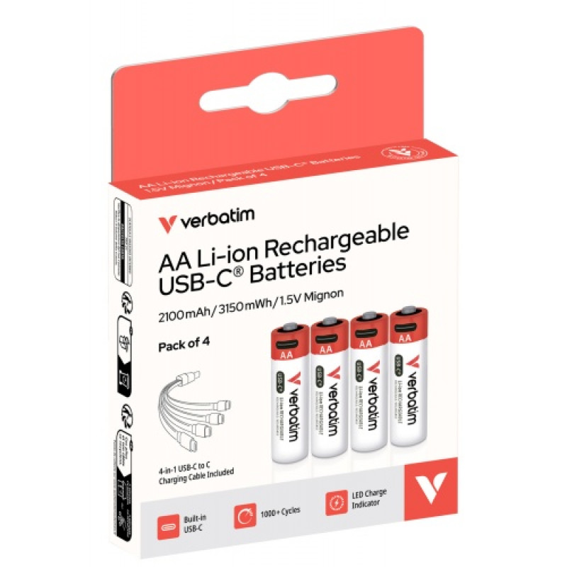 Verbatim 30249 USB-C uzlādējamas baterijas Li-ion AA 2100 mAh (4 gab.)