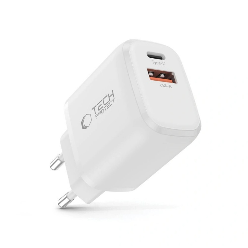 Tech-Protect NCA20 USB-A, USB-C sienas lādētājs PD 20W / QC3.0, balts