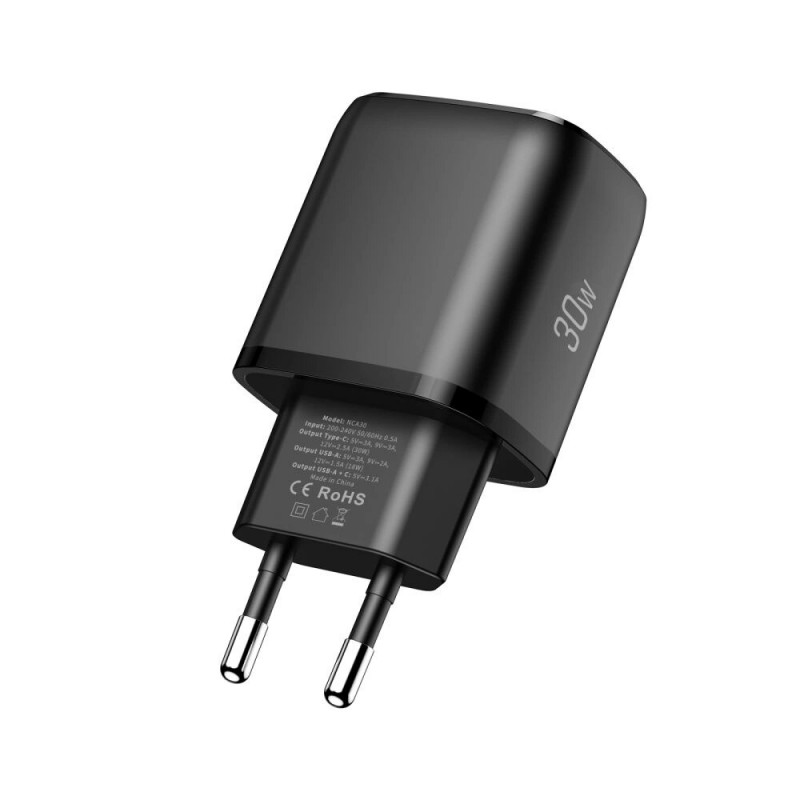 Tech-Protect NCA30 USB-A, USB-C sienas lādētājs PD 30W / QC3.0, melns