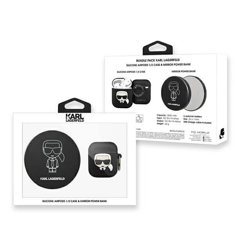 Karl Lagerfeld Ikonik silikona maciņš AirPods 1/2 ar 2000 mAh ārējo akumulatoru, melns