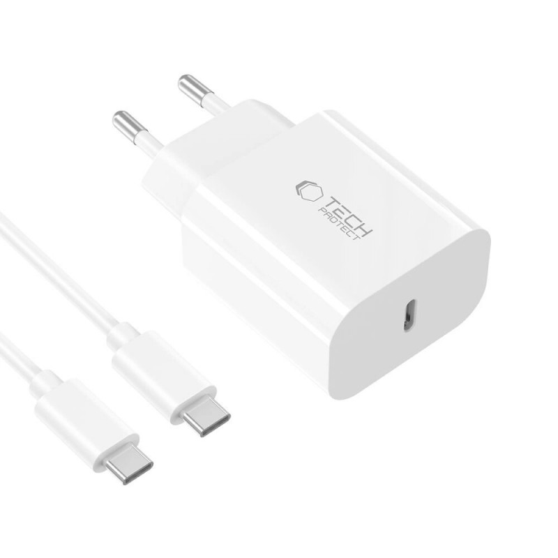 Tech-Protect NC20W 1 portu USB-C sienas lādētājs PD20W ar USB-C / USB-C kabeli, balts