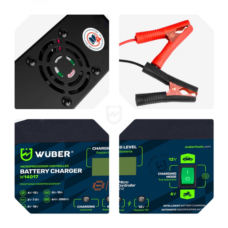 Wuber W14017 mikroprocesora akumulatora lādētājs, 6-12 V, 15 A