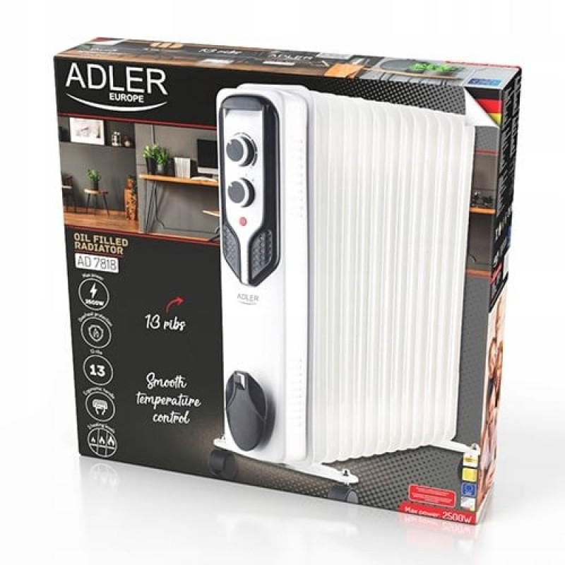 Adler AD 7818 eļļas radiators, 2500 W, 3 jaudas līmeņi, 13 ribas, balts