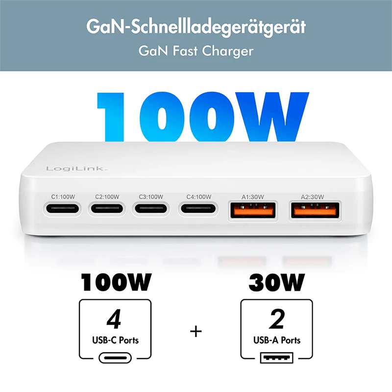 LogiLink PA0418 USB-A/C galda lādētājs, 100 W, GaN, 6 porti, 2x USB-A (QC), 4x USB-C (PD), balts