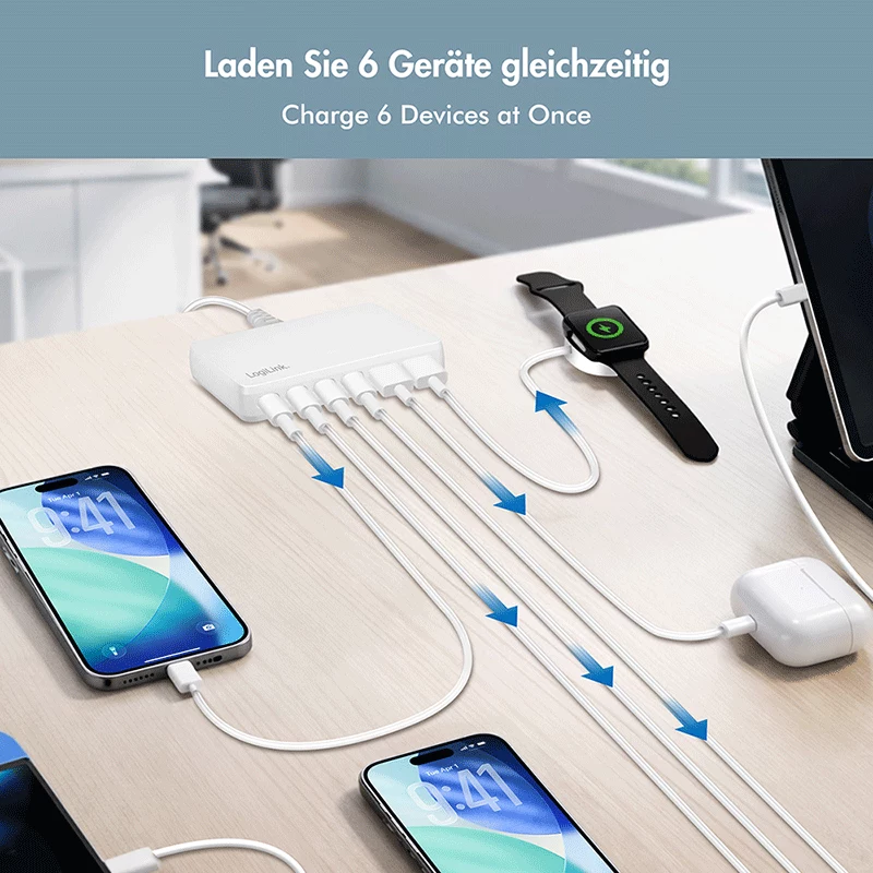 LogiLink PA0418 USB-A/C galda lādētājs, 100 W, GaN, 6 porti, 2x USB-A (QC), 4x USB-C (PD), balts
