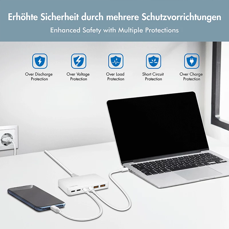 LogiLink PA0418 USB-A/C galda lādētājs, 100 W, GaN, 6 porti, 2x USB-A (QC), 4x USB-C (PD), balts