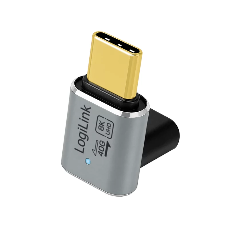 LogiLink AU0063 USB 4 Type-C adapteris 90° U/D, C/M uz C/F, 40 Gbps, 240W, 8K/60 Hz, metāls, sudraba
