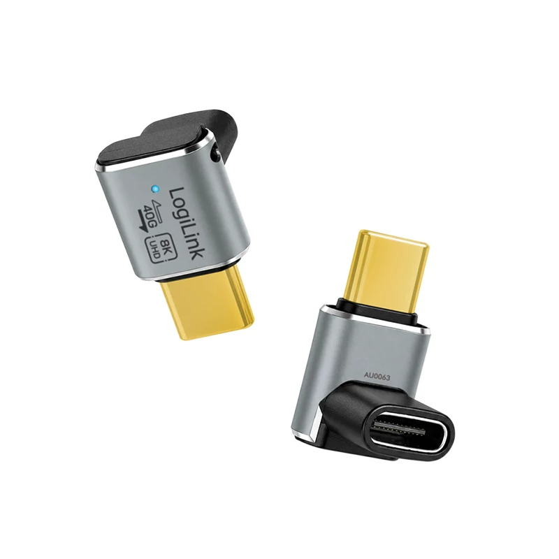LogiLink AU0063 USB 4 Type-C adapteris 90° U/D, C/M uz C/F, 40 Gbps, 240W, 8K/60 Hz, metāls, sudraba