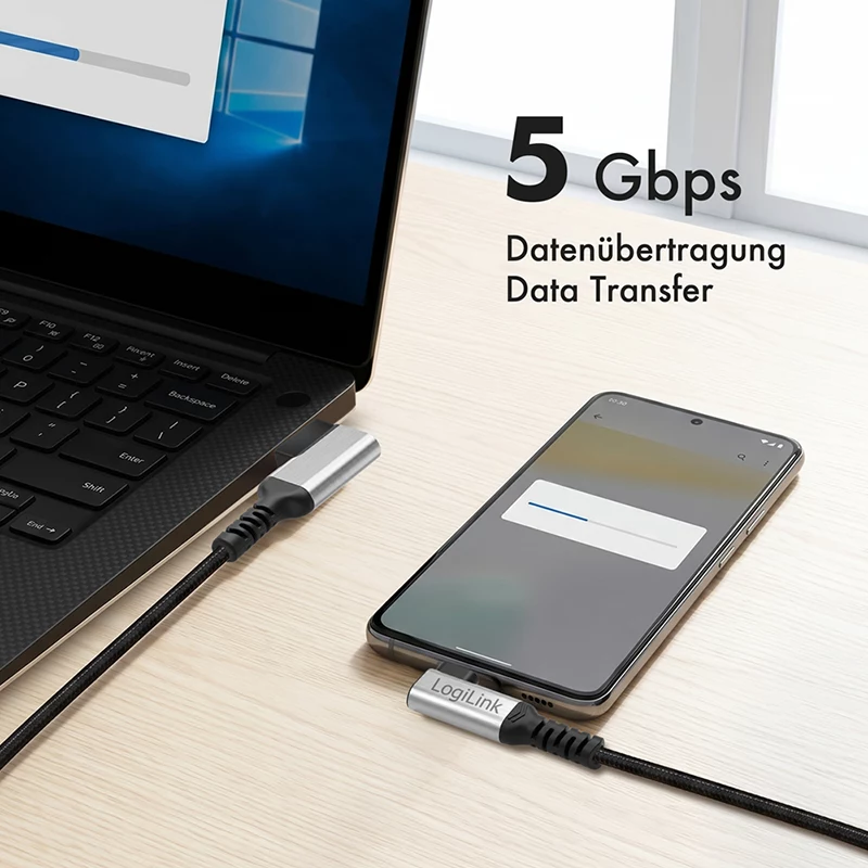 LogiLink CU0471 USB 3.2 Gen1 Type-C kabelis, A/M 90° uz C/M 90°, 5 Gbps, 60W, metāls, sudraba/melns, 1 m