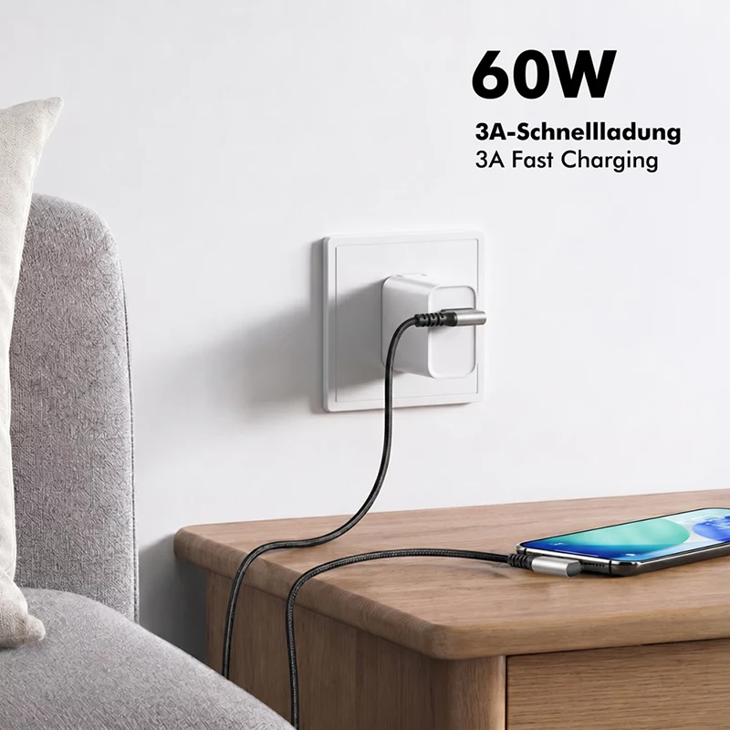 LogiLink CU0472 USB 3.2 Gen1 Type-C kabelis, A/M 90° uz C/M 90°, 5 Gbps, 60W, metāls, sudraba/melns, 1,5 m