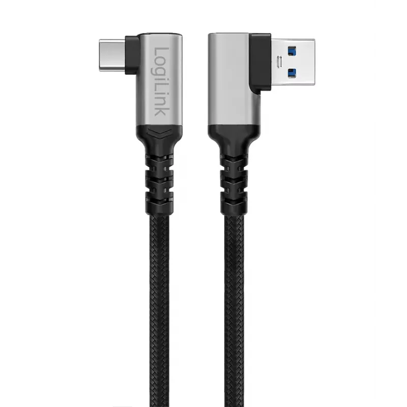 LogiLink CU0473 USB 3.2 Gen1 Type-C kabelis, A/M 90° uz C/M 90°, 5 Gbps, 60W, metāls, sudraba/melns, 2 m