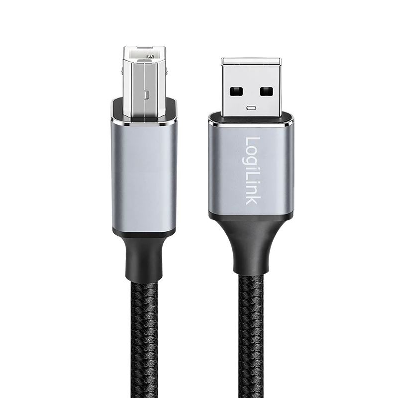 Logilink CU0107 USB 2.0 kabelis, USB-A/M uz USB-B/M, 480 Mbps, neilons, metāls, melns/sudrabs, 2 m