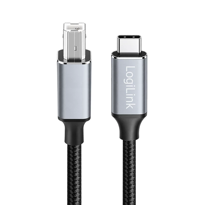 Logilink CU0515 USB 2.0 Type-C kabelis, C/M uz B/M, 480 Mbps, neilons, metāls, melns/sudrabs, 2 m