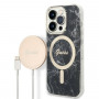 Guess GUBPP14LHMEACSK apvāka + bezvadu lādētāja komplekts Apple iPhone 14 Pro 6.1", melns cietais apvāks Marble MagSafe