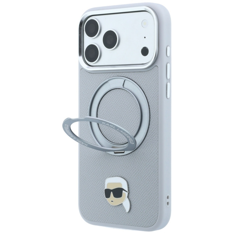 Apvalks Karl Lagerfeld with Ring Stand 360 Karl Head Pin MagSafe Apple iPhone 18 Pro Max / 17 Pro Max, pelēks (KF003236)