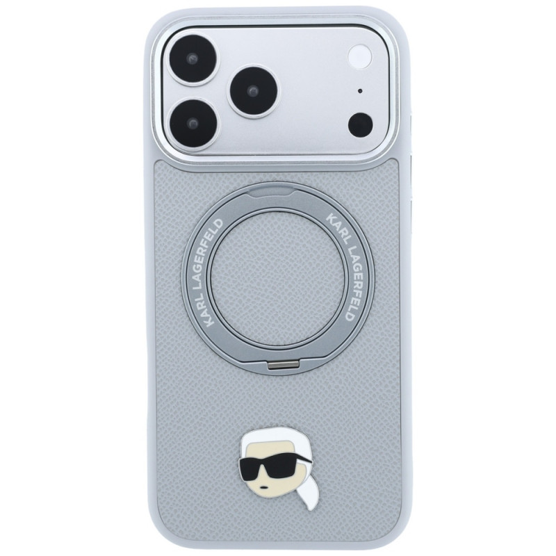 Apvalks Karl Lagerfeld with Ring Stand 360 Karl Head Pin MagSafe Apple iPhone 18 Pro Max / 17 Pro Max, pelēks (KF003236)