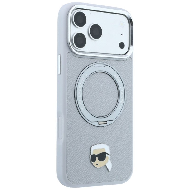 Apvalks Karl Lagerfeld with Ring Stand 360 Karl Head Pin MagSafe Apple iPhone 18 Pro Max / 17 Pro Max, pelēks (KF003236)