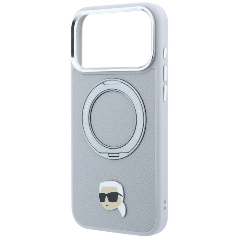 Apvalks Karl Lagerfeld with Ring Stand 360 Karl Head Pin MagSafe Apple iPhone 18 Pro Max / 17 Pro Max, pelēks (KF003236)