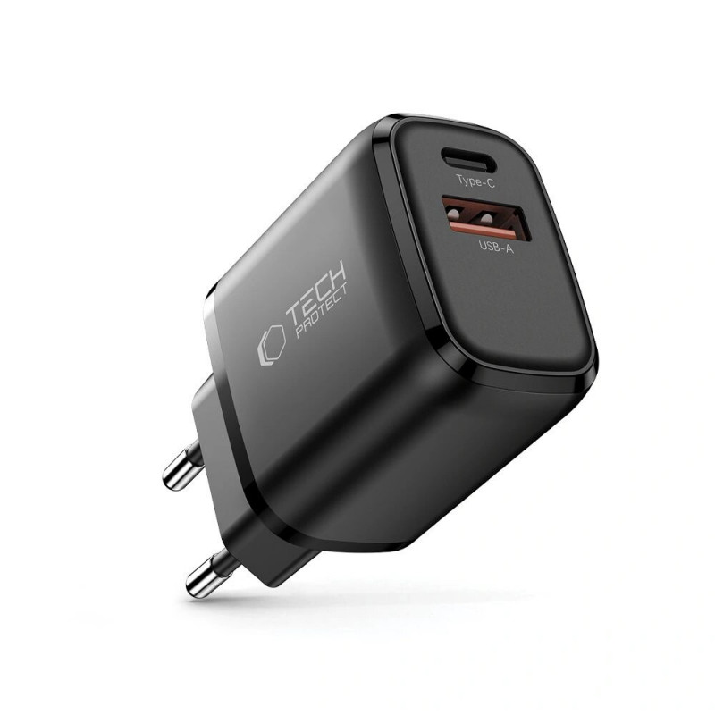 Tech-Protect NCA20 USB-A / USB-C sienas lādētājs PD 20W / QC3.0, melns
