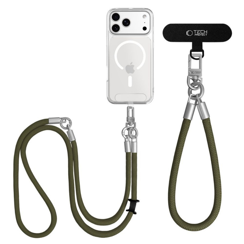 Tech-Protect C10S Rope Crossbody & Wrist tālruņa siksniņu komplekts, olīvzaļš/titāna