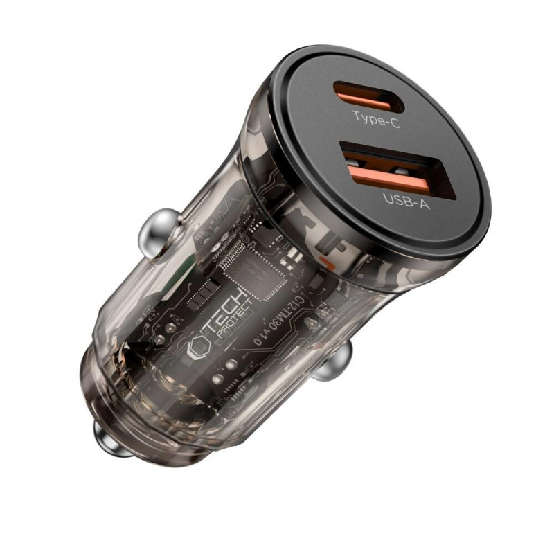 Tech-Protect CC01 2 portu auto lādētājs USB-A / USB-C, PD 30W / QC 3.0, melns