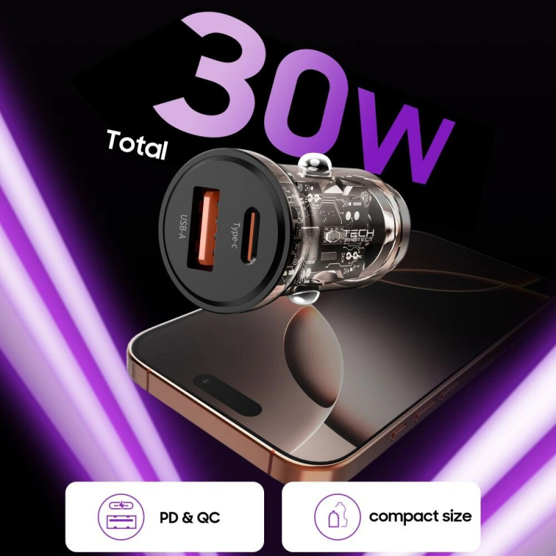 Tech-Protect CC01 2 portu auto lādētājs USB-A / USB-C, PD 30W / QC 3.0, melns