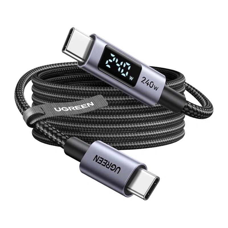 Ugreen L530 USB-C uz USB-C kabelis, PD 240 W, 480 Mbps, ar displeju, 2 m, melns