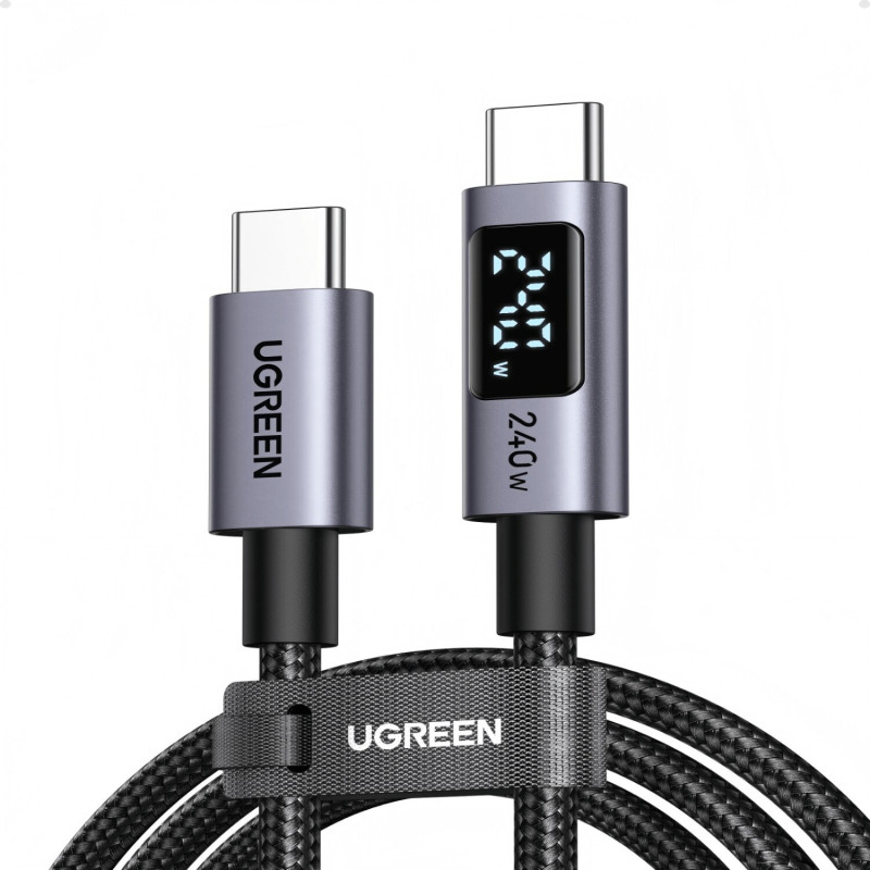 Ugreen L530 USB-C uz USB-C kabelis, PD 240 W, 480 Mbps, ar displeju, 2 m, melns
