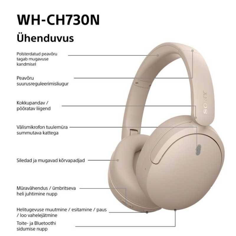 Sony WH-CH730N Bluetooth apkārt auss austiņas ar mikrofonu, bēšas