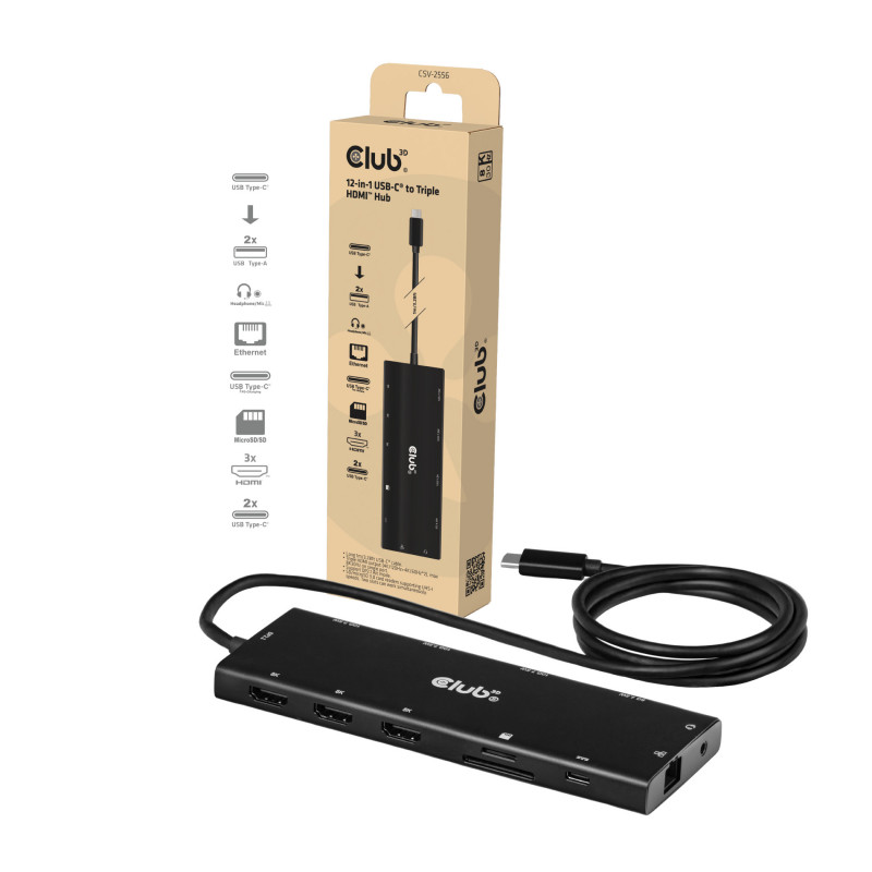 Club 3D CSV-2556 USB-C 12 vienā centrmezgls, 3x HDMI/3x USB-C/USB/LAN, 8K30Hz, PD 140W