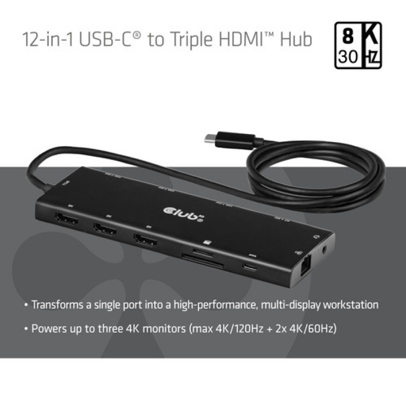 Club 3D CSV-2556 USB-C 12 vienā centrmezgls, 3x HDMI/3x USB-C/USB/LAN, 8K30Hz, PD 140W