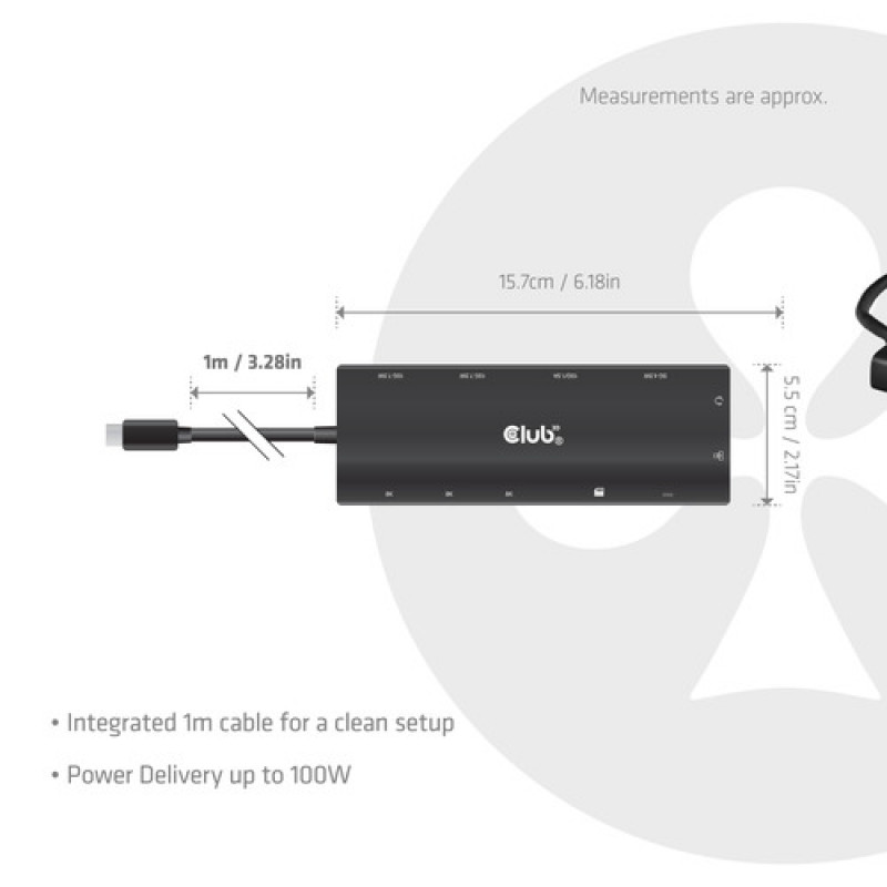 Club 3D CSV-2556 USB-C 12 vienā centrmezgls, 3x HDMI/3x USB-C/USB/LAN, 8K30Hz, PD 140W