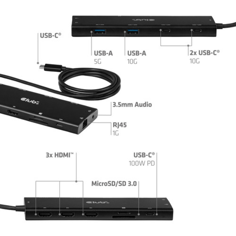 Club 3D CSV-2556 USB-C 12 vienā centrmezgls, 3x HDMI/3x USB-C/USB/LAN, 8K30Hz, PD 140W