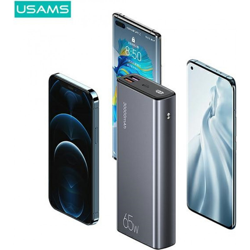 USAMS PB59 US-CD165 pārnēsājamais akumulators 30000 mAh, 65 W, 2x QC3.0 + PD, melns, ar USB-C uz USB-C kabeli