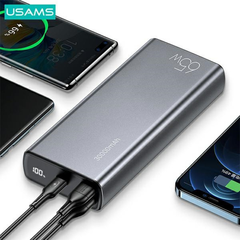 USAMS PB59 US-CD165 pārnēsājamais akumulators 30000 mAh, 65 W, 2x QC3.0 + PD, melns, ar USB-C uz USB-C kabeli