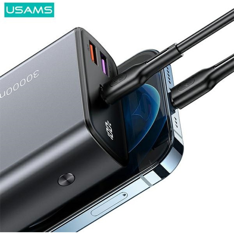 USAMS PB59 US-CD165 pārnēsājamais akumulators 30000 mAh, 65 W, 2x QC3.0 + PD, melns, ar USB-C uz USB-C kabeli