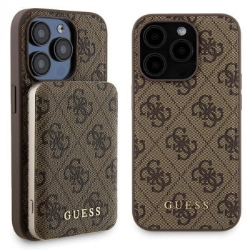 Guess GUBPM5P15X4GEMGW cietais futrālis Apple iPhone 15 Pro Max + 5000 mAh MagSafe pārnēsājamais akumulators, 4G Metal Logo, brūns