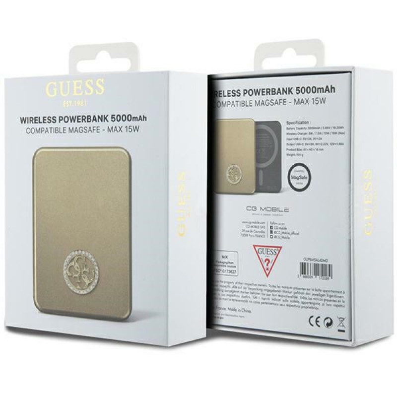 Guess GUPBM5AL4DMD 4G Strassed Metal Logo MagSafe indukcijas ārējais akumulators 5000 mAh, 15W, zelta