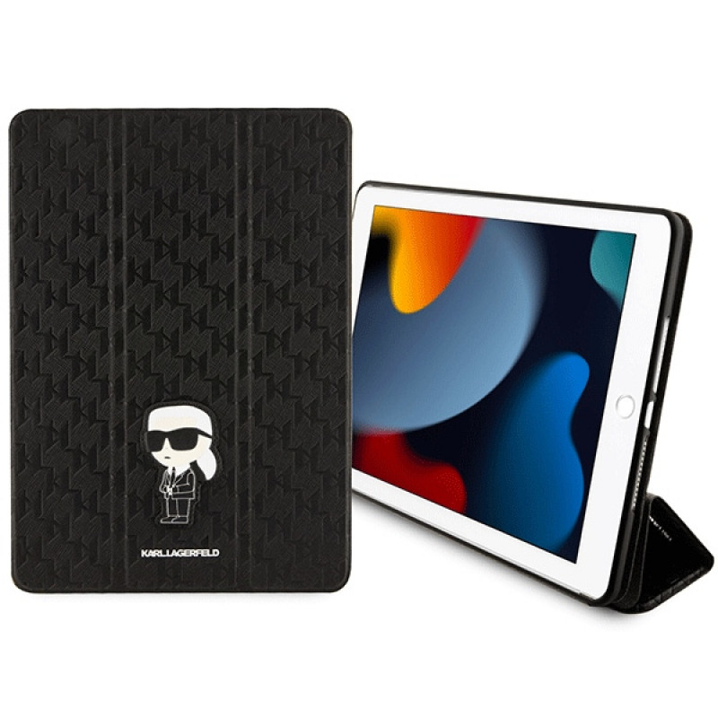 Karl Lagerfeld KLFC10SAKHPKK Saffiano Monogram Ikonik grāmatveida futrālis Apple iPad 10.2 (7., 8., 9. paaudze), melns