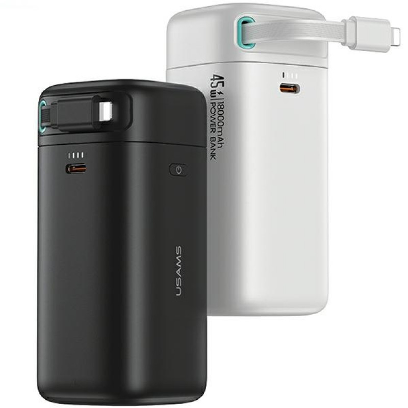 USAMS US-CD217 XMF Series ārējais akumulators 18000 mAh, PD 45W ātrā uzlāde, ar Lightning kabeli, balts