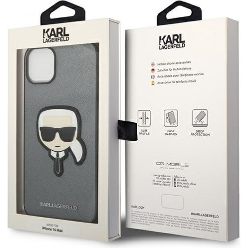 Karl Lagerfeld KLHCP14SSAPKHG Cietais maciņš Apple iPhone 14, Saffiano Karl's Head Patch, sudraba
