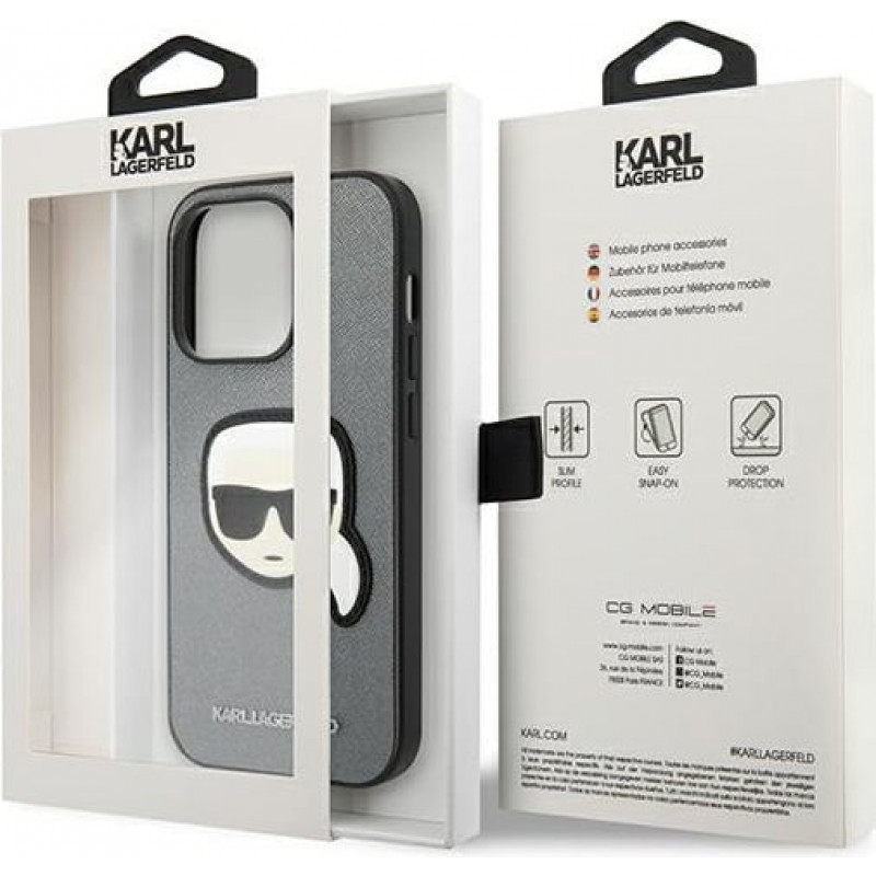 Karl Lagerfeld KLHCP14XSAPKHG cietais maciņš Apple iPhone 14 Pro Max, Saffiano Karl's Head Patch, sudraba