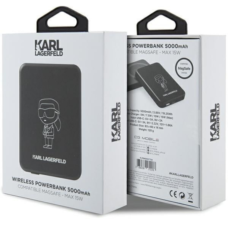 Karl Lagerfeld KLPBM5KIOTTGK indukcijas barošanas bloks 5000 mAh 15W, Outline Ikonik, MagSafe, melns