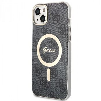 Guess GUBPP14SH4EACSK cietais futrālis Apple iPhone 14 + bezvadu lādētājs, 4G Print, MagSafe, melns