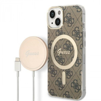 Guess GUBPP14SH4EACSW cietais futrālis Apple iPhone 14 + bezvadu lādētājs, 4G Print, MagSafe, brūns