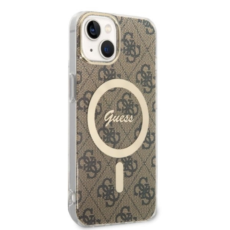 Guess GUBPP14SH4EACSW cietais futrālis Apple iPhone 14 + bezvadu lādētājs, 4G Print, MagSafe, brūns