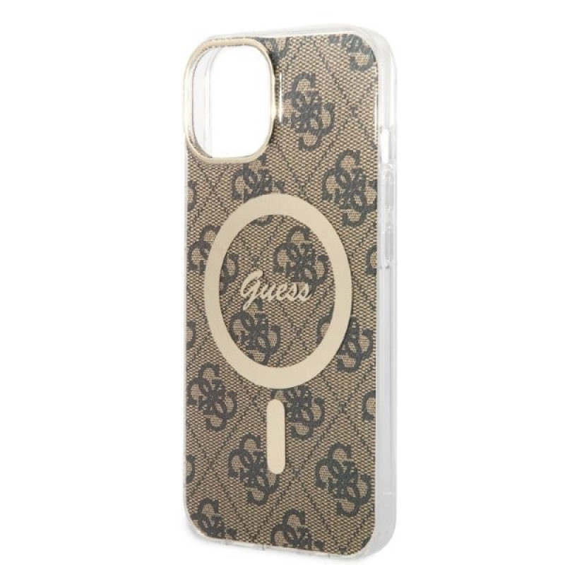 Guess GUBPP14SH4EACSW cietais futrālis Apple iPhone 14 + bezvadu lādētājs, 4G Print, MagSafe, brūns