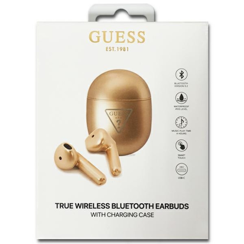 Guess GUTWST82TRD bezvadu TWS austiņas ar dokstaciju, Triangle Logo, Bluetooth 5.0, zelta