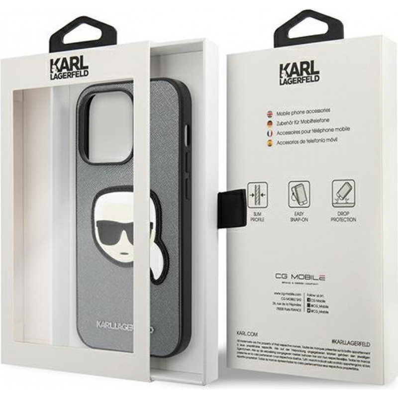 Karl Lagerfeld KLHCP14LSAPKHG Cietais maciņš Apple iPhone 14 Pro, Saffiano Karl's Head Patch, sudraba